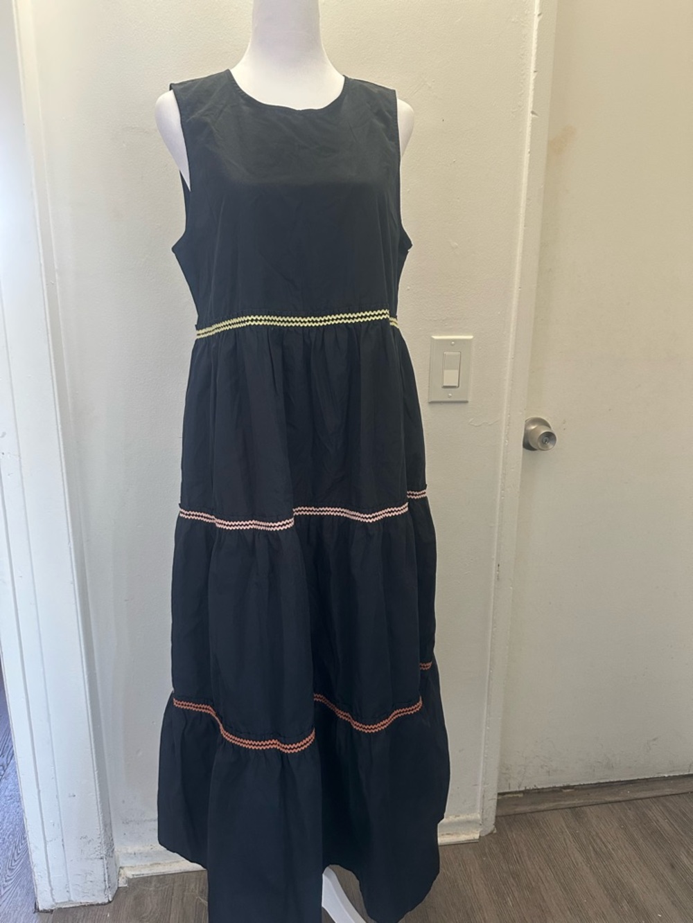 Madewell Black Sleeveless Tiered Midi Dress with Neon Trim